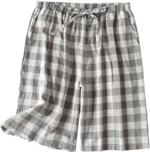 Cotton Long Short Lounge Pants for Men - 100% Woven Soft Plaid Check 1/2/3 Set Sleeping Pajama Pants with Pockets