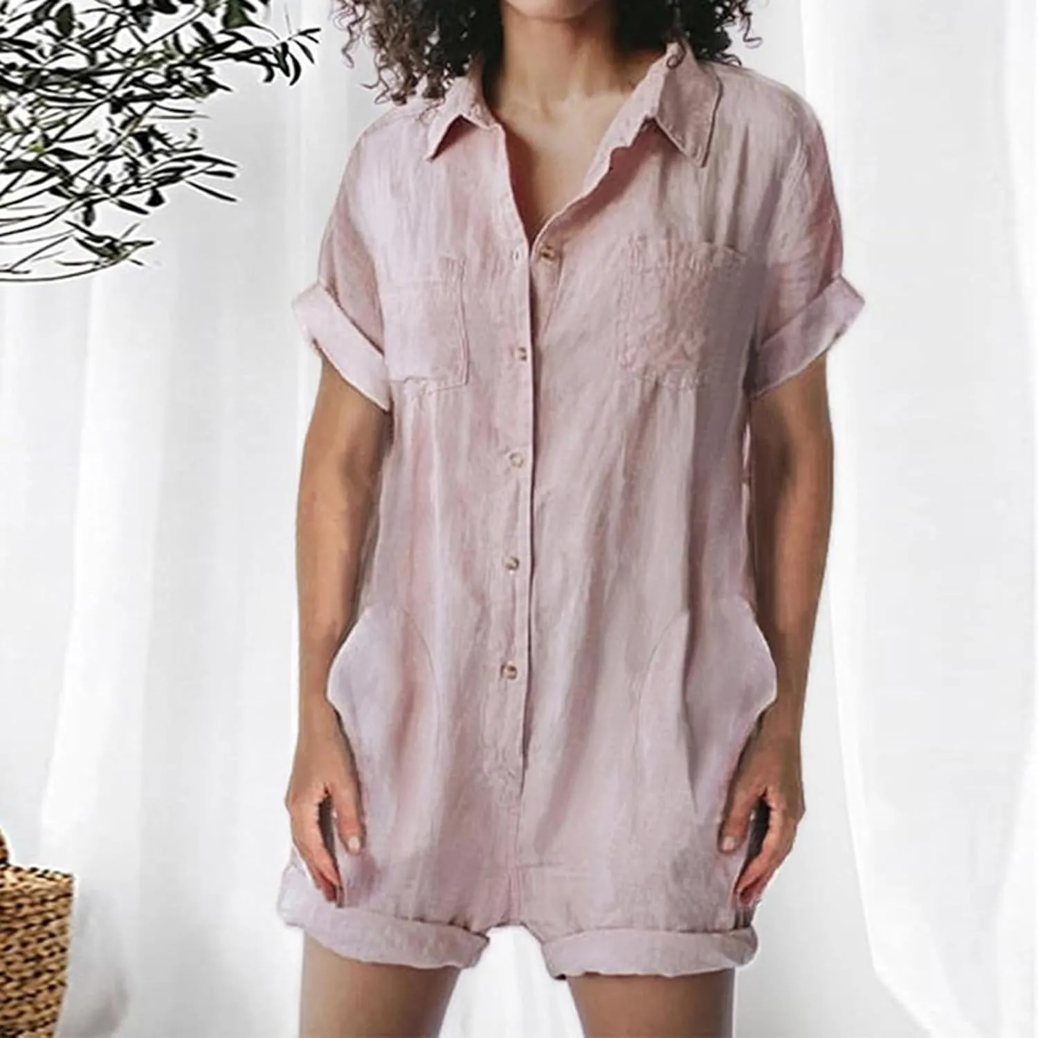 JOAU Women's Lapel Collar Button Down Cotton Linen Short Sleeve Jumpsuits Summer Casual Loose Shorts Rompers with Pockets