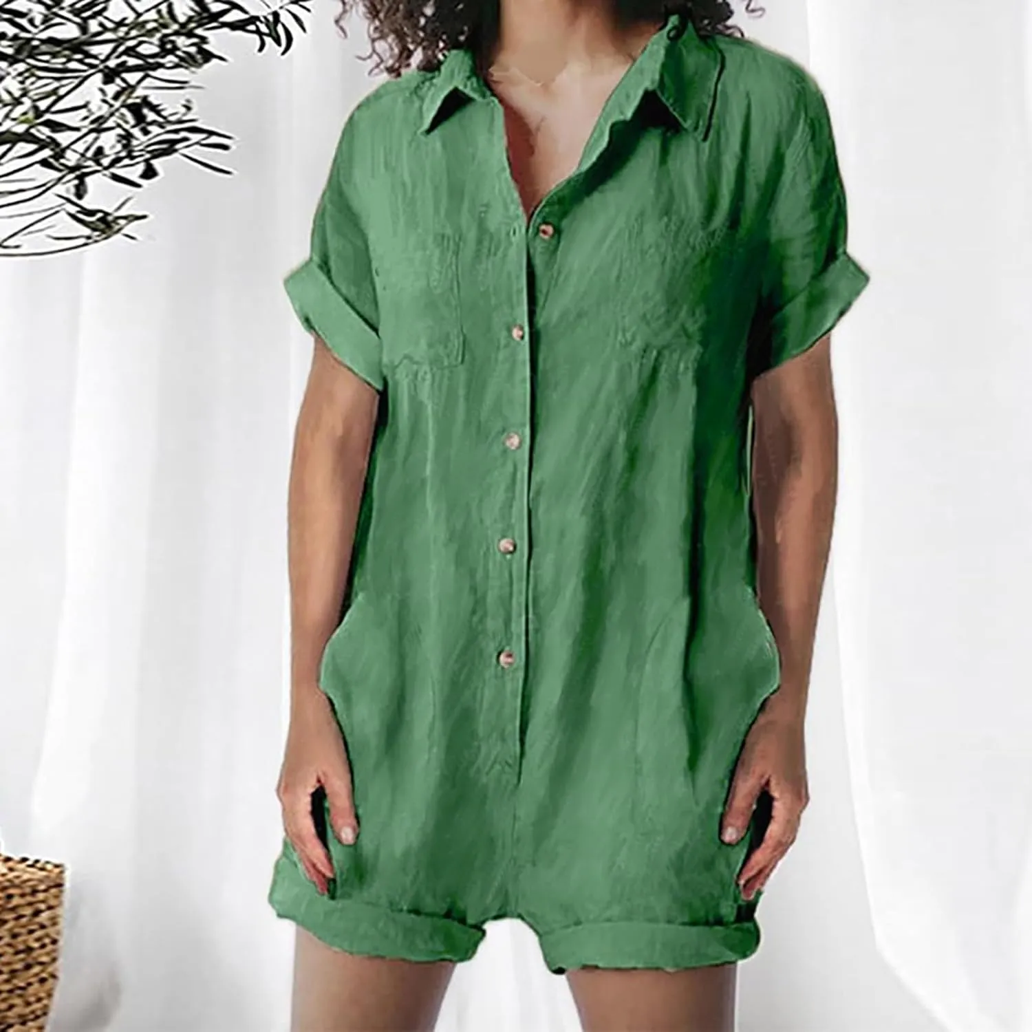 JOAU Women's Lapel Collar Button Down Cotton Linen Short Sleeve Jumpsuits Summer Casual Loose Shorts Rompers with Pockets