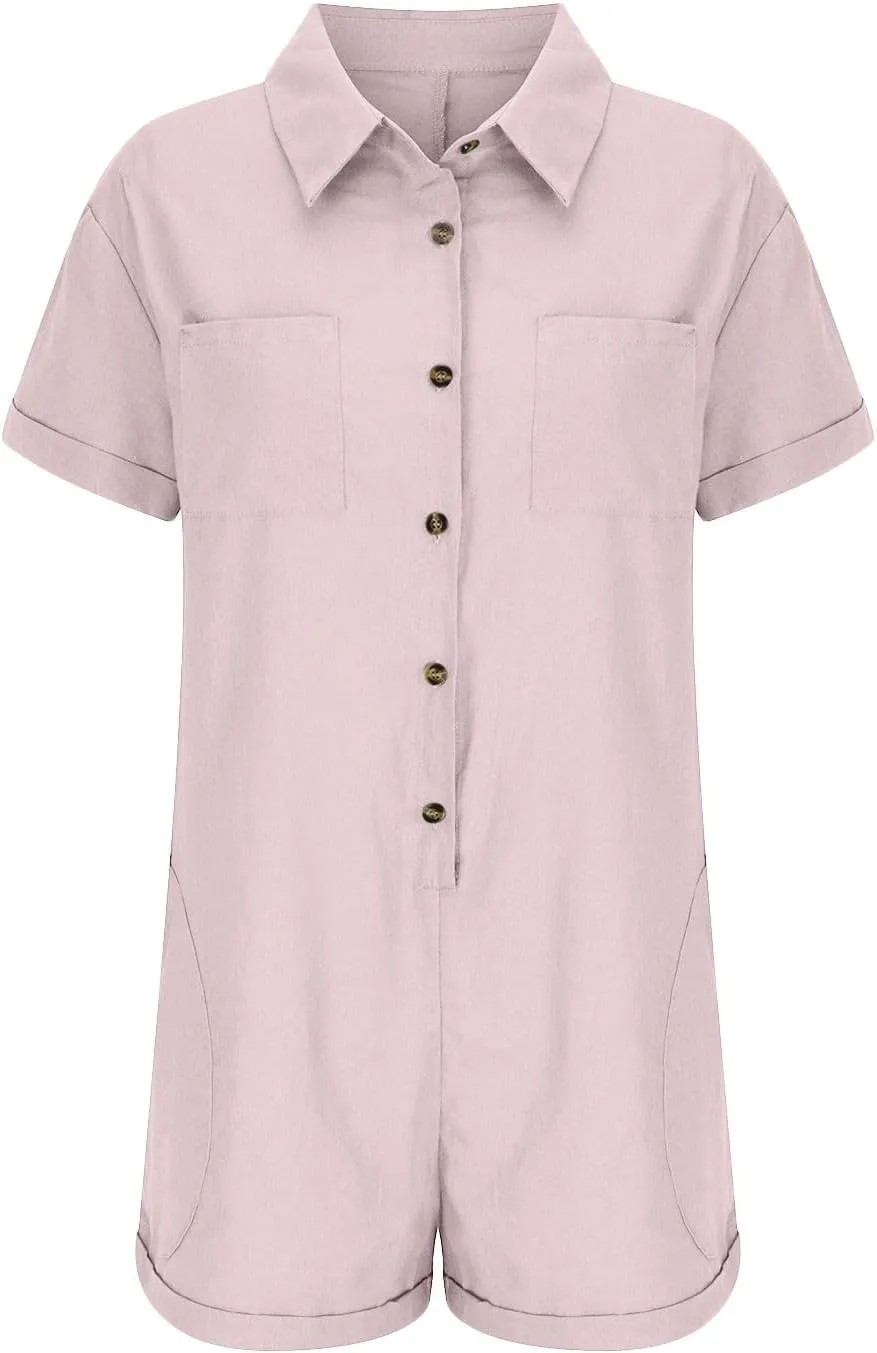 JOAU Women's Lapel Collar Button Down Cotton Linen Short Sleeve Jumpsuits Summer Casual Loose Shorts Rompers with Pockets