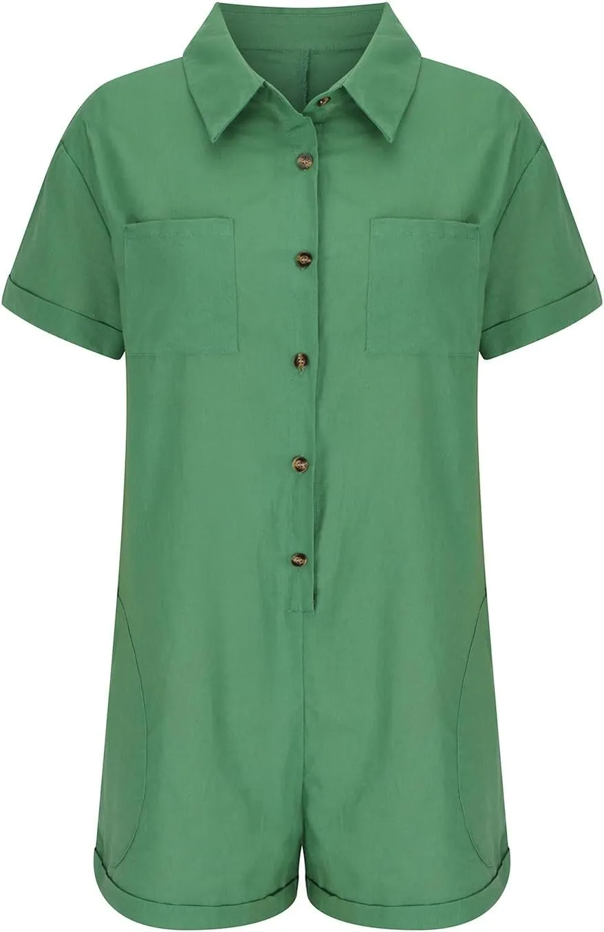 JOAU Women's Lapel Collar Button Down Cotton Linen Short Sleeve Jumpsuits Summer Casual Loose Shorts Rompers with Pockets