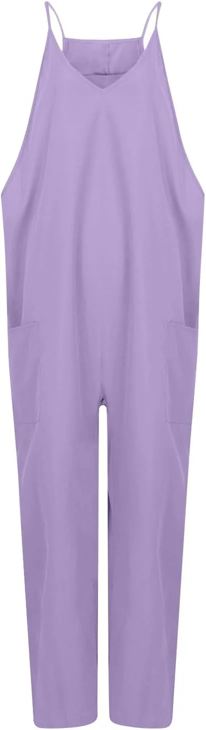Jumpsuit for Women 2024 Casual Sleeveless Solid Colour Nine-Point Sleeveless Pants Overalls with Pockets