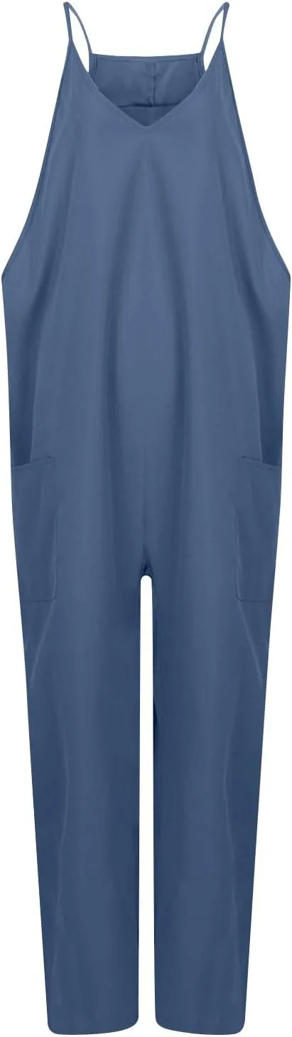 Jumpsuit for Women 2024 Casual Sleeveless Solid Colour Nine-Point Sleeveless Pants Overalls with Pockets