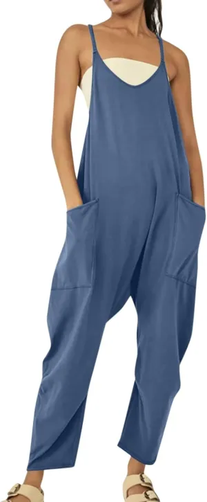 Jumpsuit for Women 2024 Casual Sleeveless Solid Colour Nine-Point Sleeveless Pants Overalls with Pockets