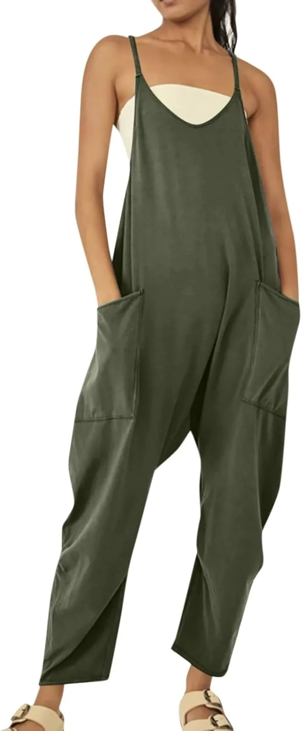 Jumpsuit for Women 2024 Casual Sleeveless Solid Colour Nine-Point Sleeveless Pants Overalls with Pockets