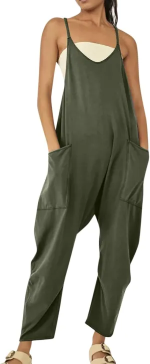 Jumpsuit for Women 2024 Casual Sleeveless Solid Colour Nine-Point Sleeveless Pants Overalls with Pockets