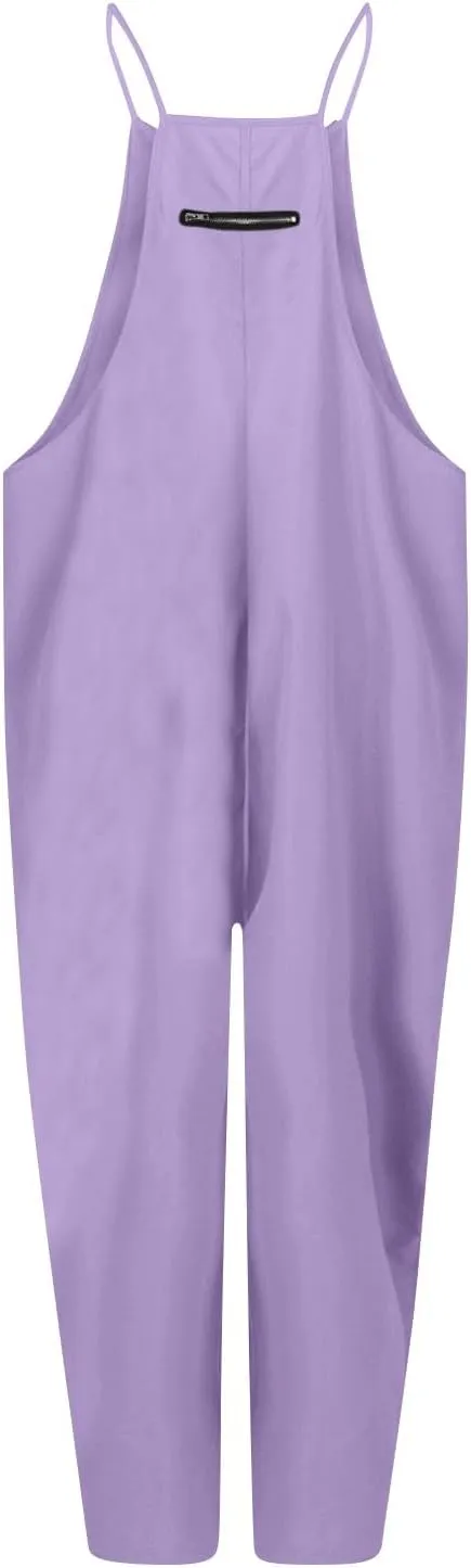 Jumpsuit for Women 2024 Casual Sleeveless Solid Colour Nine-Point Sleeveless Pants Overalls with Pockets