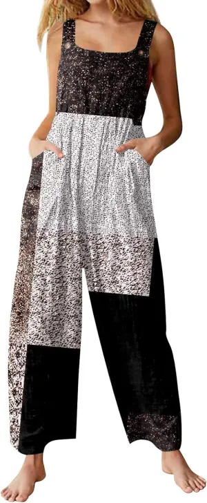 Jumpsuits for Women Palazzo Loose Rompers Wide Leg Cotton Linen Overalls with Pockets Boho Floral Vintage Outfits
