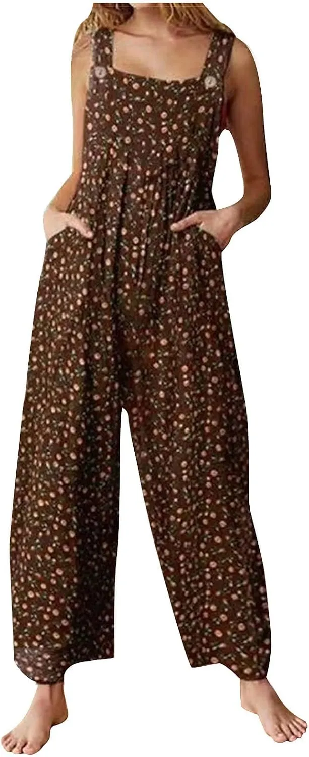 Jumpsuits for Women Summer 2024 Patchwork Dual Pocket Dressy Jumpsuit Boho Print Wide Leg One Piece Overalls Rompers