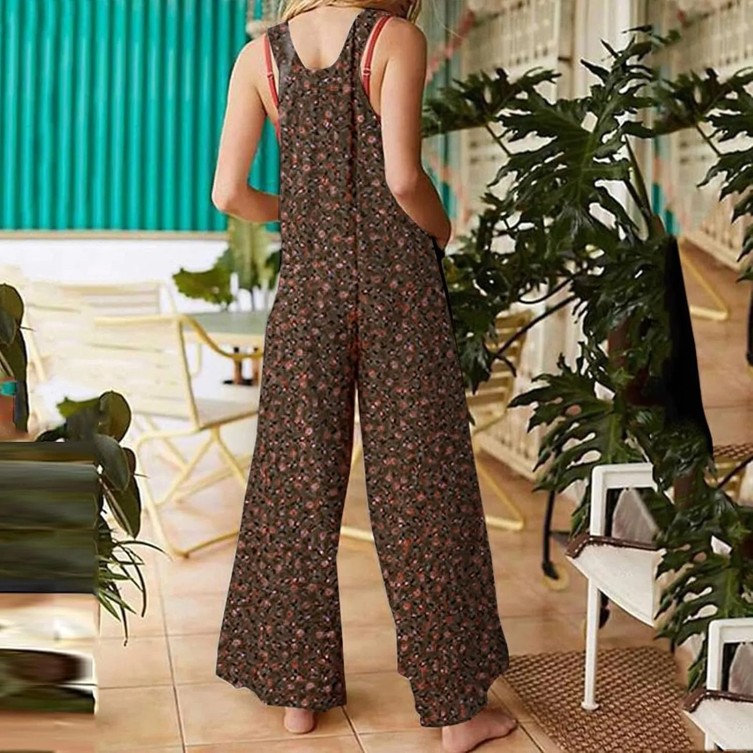 Jumpsuits for Women Summer 2024 Patchwork Dual Pocket Dressy Jumpsuit Boho Print Wide Leg One Piece Overalls Rompers