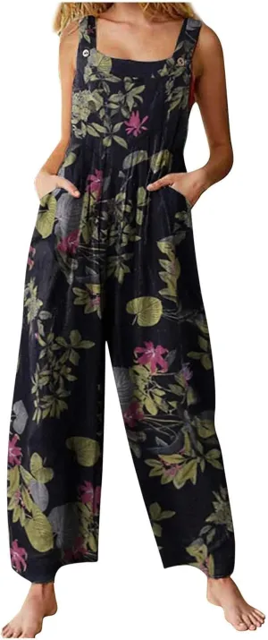 Jumpsuits for Women Summer 2024 Patchwork Dual Pocket Dressy Jumpsuit Boho Print Wide Leg One Piece Overalls Rompers