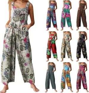 Jumpsuits for Women Summer 2024 Patchwork Dual Pocket Dressy Jumpsuit Boho Print Wide Leg One Piece Overalls Rompers