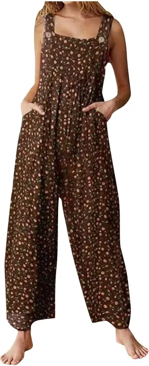 Jumpsuits for Women Summer 2024 Patchwork Dual Pocket Dressy Jumpsuit Boho Print Wide Leg One Piece Overalls Rompers