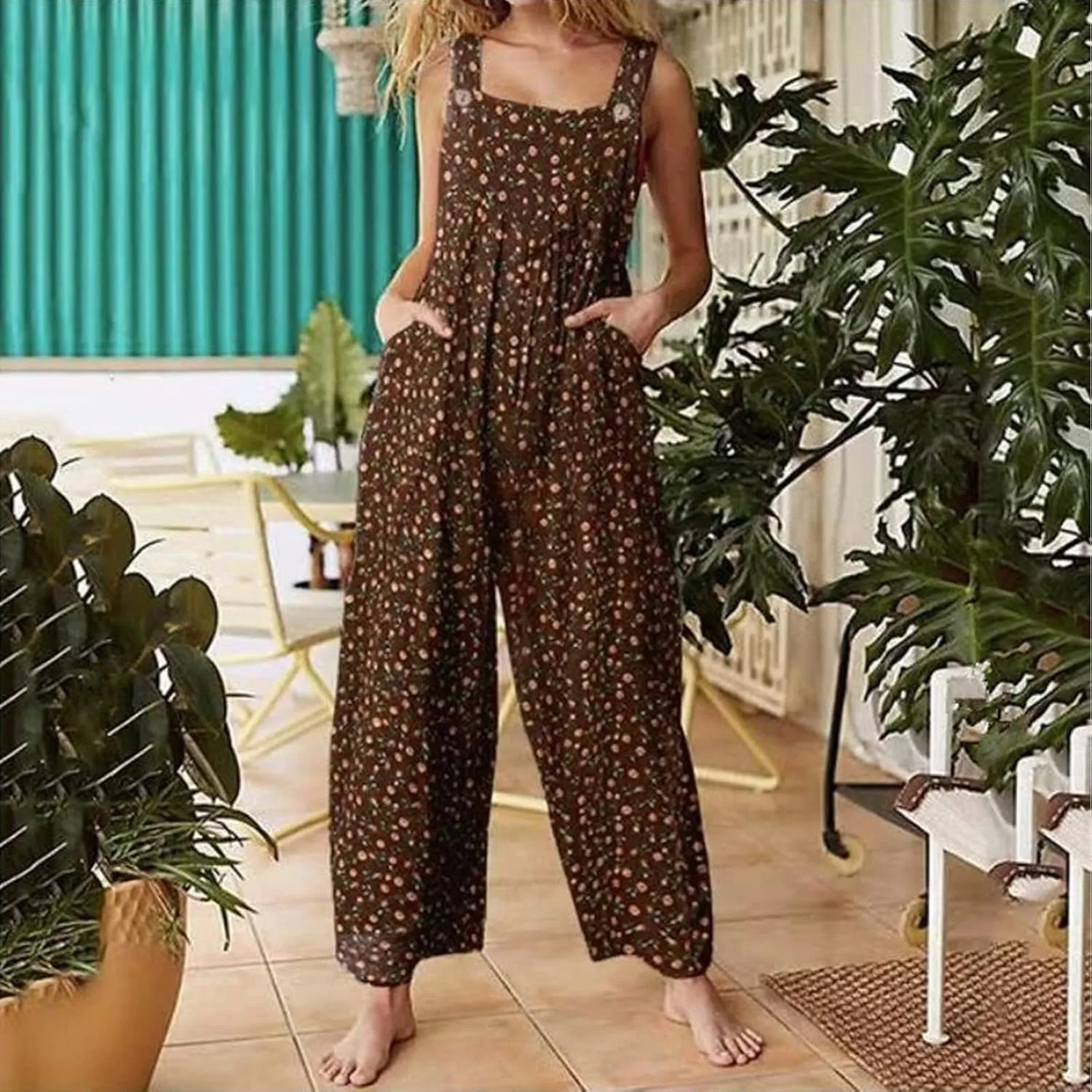 Jumpsuits for Women Summer 2024 Patchwork Dual Pocket Dressy Jumpsuit Boho Print Wide Leg One Piece Overalls Rompers