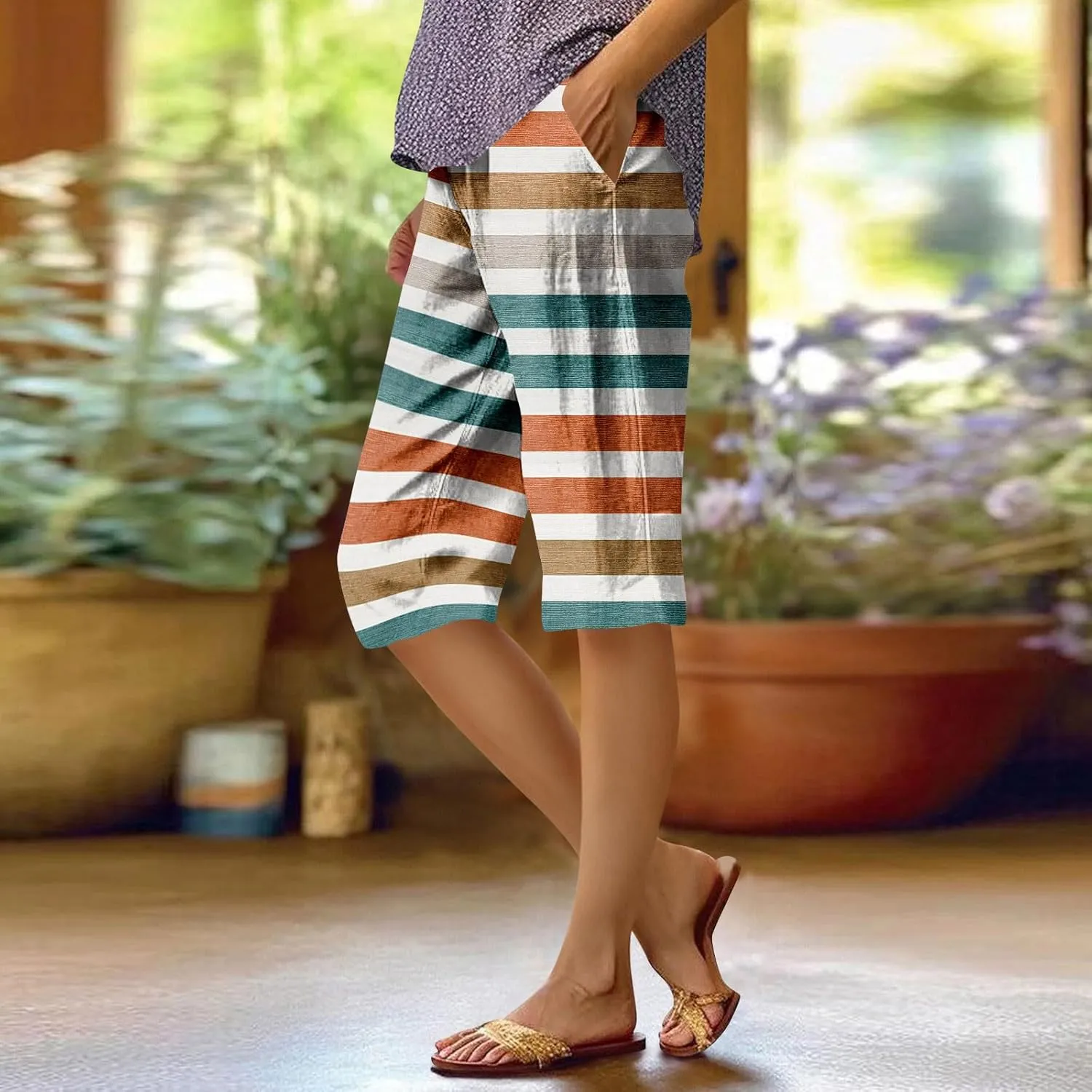 Knee Length Shorts Women, Baggy Bermuda High Waisted Wide Leg Linen Pants Casual Palazzo Pant with Pockets