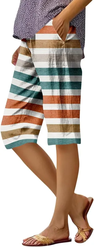 Knee Length Shorts Women, Baggy Bermuda High Waisted Wide Leg Linen Pants Casual Palazzo Pant with Pockets