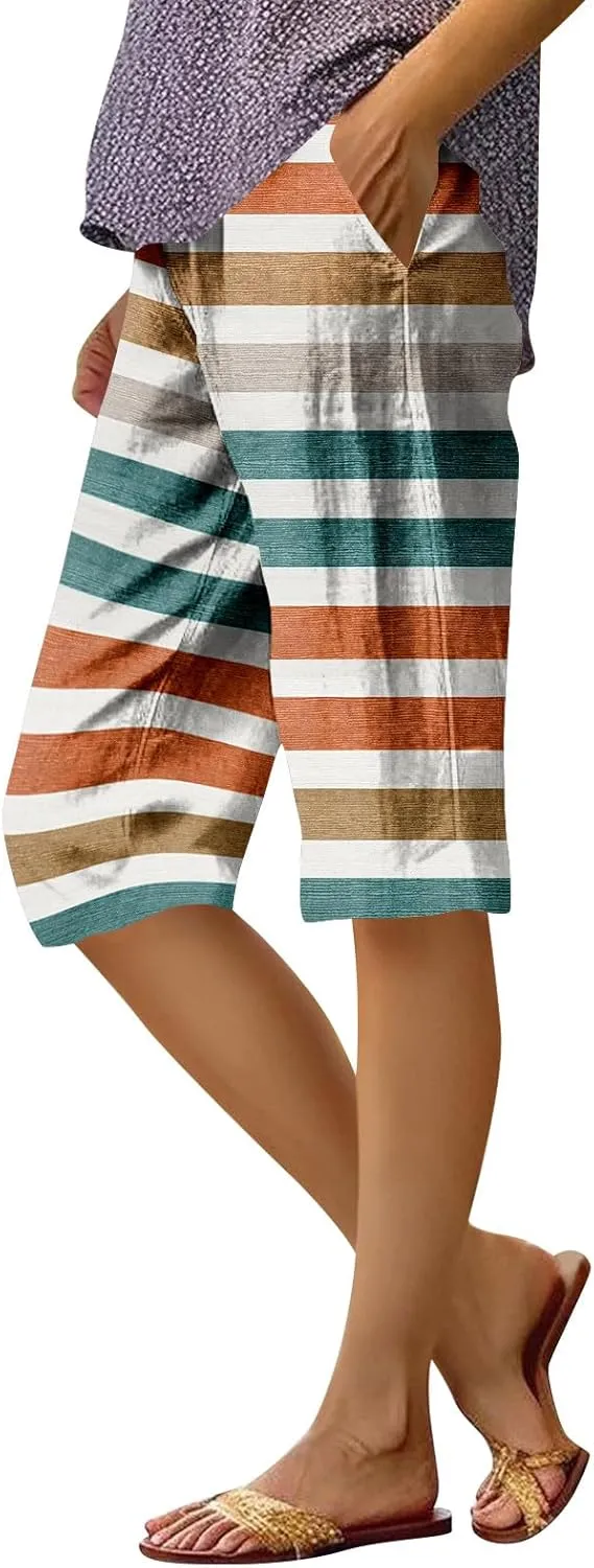 Knee Length Shorts Women, Baggy Bermuda High Waisted Wide Leg Linen Pants Casual Palazzo Pant with Pockets