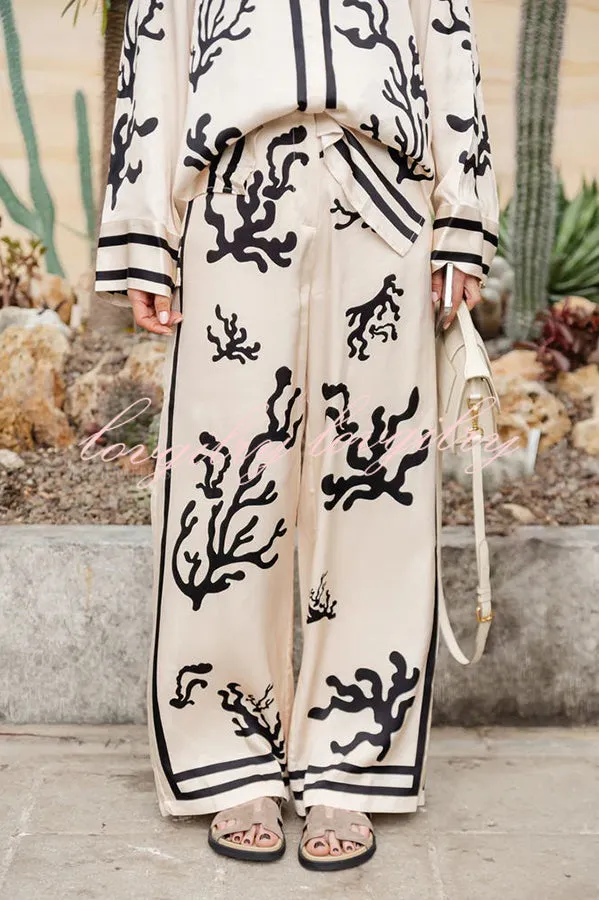Light and Comfortable Satin Unique Print Elastic Waist Pocket Wide Leg Pants