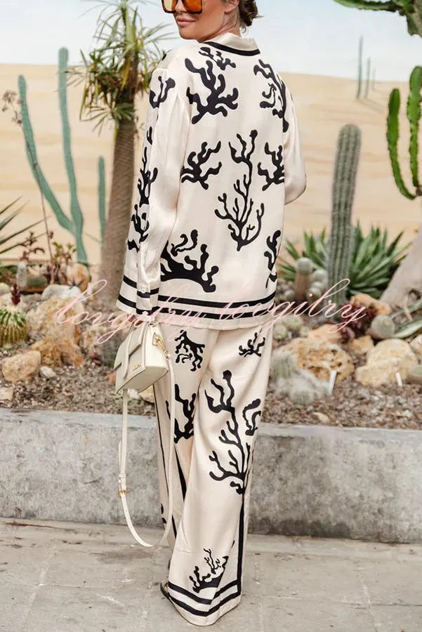 Light and Comfortable Satin Unique Print Elastic Waist Pocket Wide Leg Pants