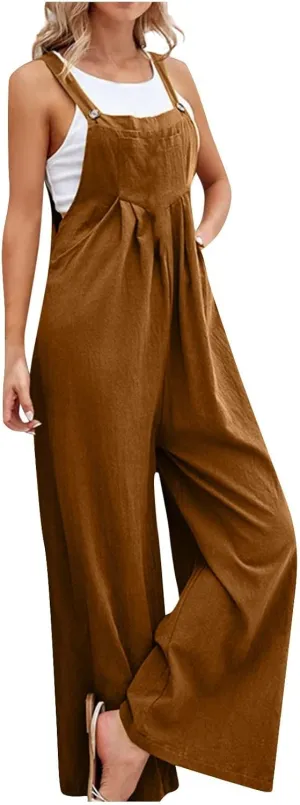Linen Baggy Overalls for Women Adjustable Straps Wide Leg Jumpsuit Lightweight Stretchy Sleeveless Maternity Overalls