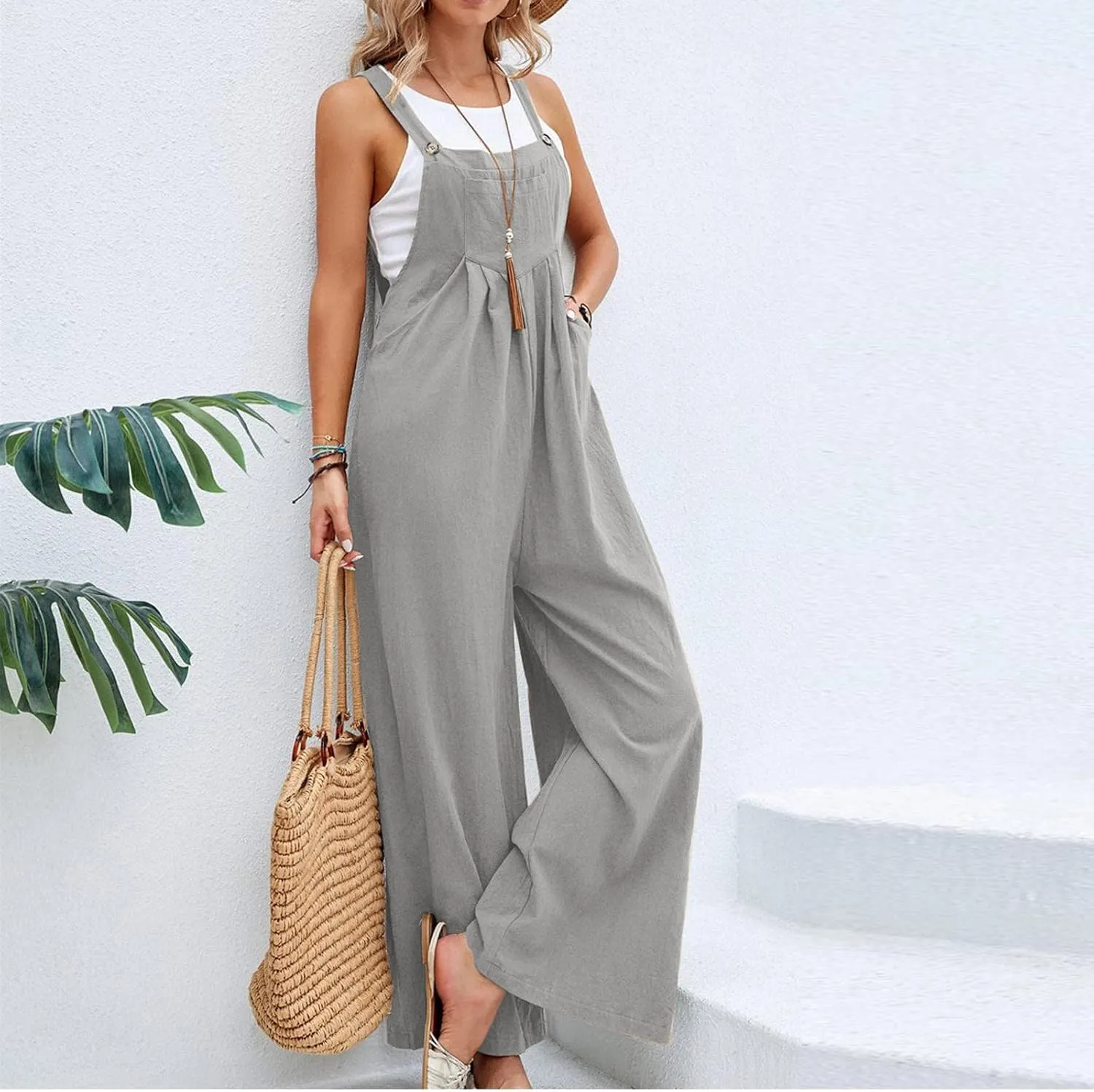 Linen Baggy Overalls for Women Adjustable Straps Wide Leg Jumpsuit Lightweight Stretchy Sleeveless Maternity Overalls