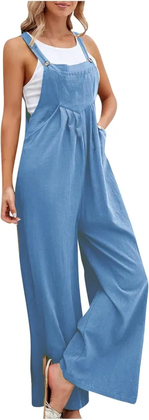 Linen Baggy Overalls for Women Adjustable Straps Wide Leg Jumpsuit Lightweight Stretchy Sleeveless Maternity Overalls