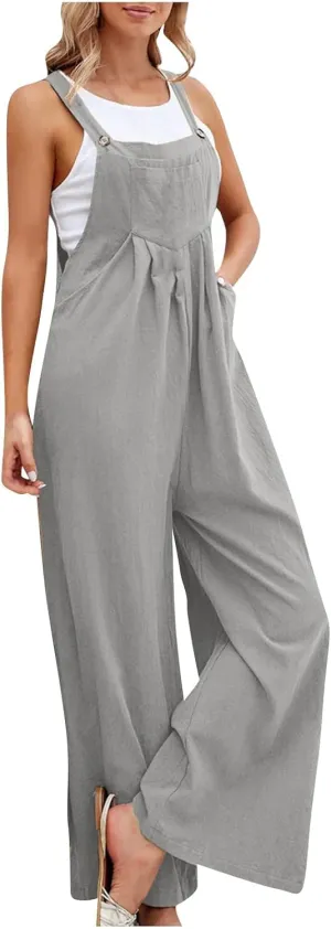 Linen Baggy Overalls for Women Adjustable Straps Wide Leg Jumpsuit Lightweight Stretchy Sleeveless Maternity Overalls