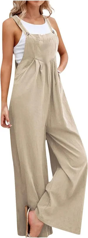 Linen Baggy Overalls for Women Adjustable Straps Wide Leg Jumpsuit Lightweight Stretchy Sleeveless Maternity Overalls