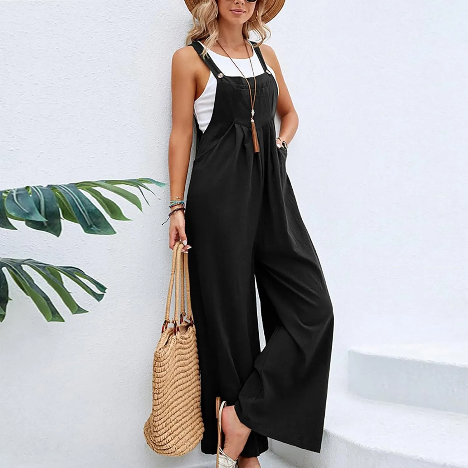 Linen Baggy Overalls for Women Adjustable Straps Wide Leg Jumpsuit Lightweight Stretchy Sleeveless Maternity Overalls