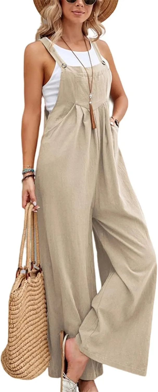 Linen Baggy Overalls for Women Adjustable Straps Wide Leg Jumpsuit Lightweight Stretchy Sleeveless Maternity Overalls