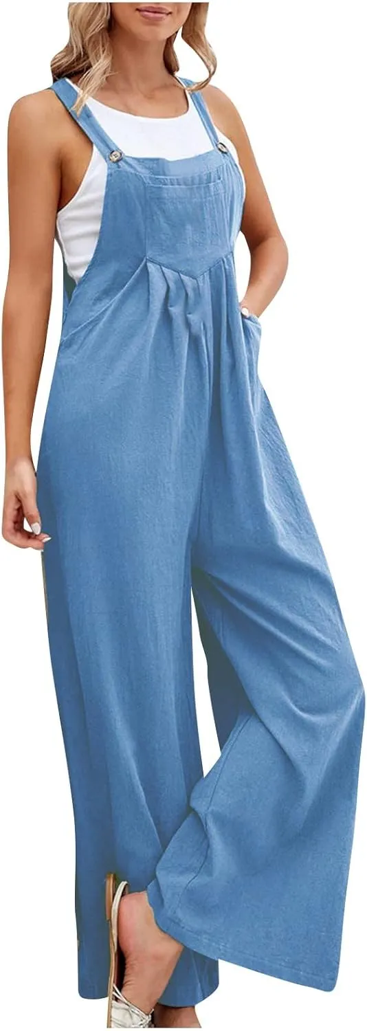Linen Baggy Overalls for Women Adjustable Straps Wide Leg Jumpsuit Lightweight Stretchy Sleeveless Maternity Overalls