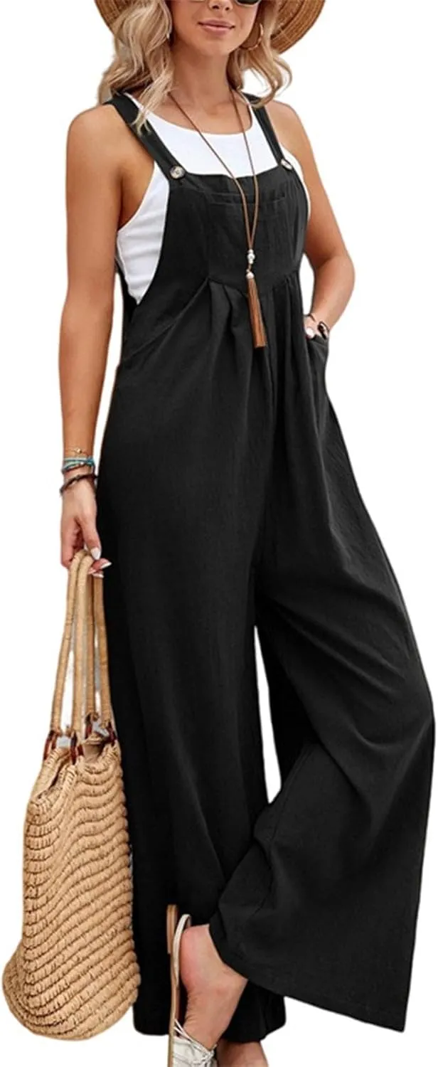 Linen Baggy Overalls for Women Adjustable Straps Wide Leg Jumpsuit Lightweight Stretchy Sleeveless Maternity Overalls