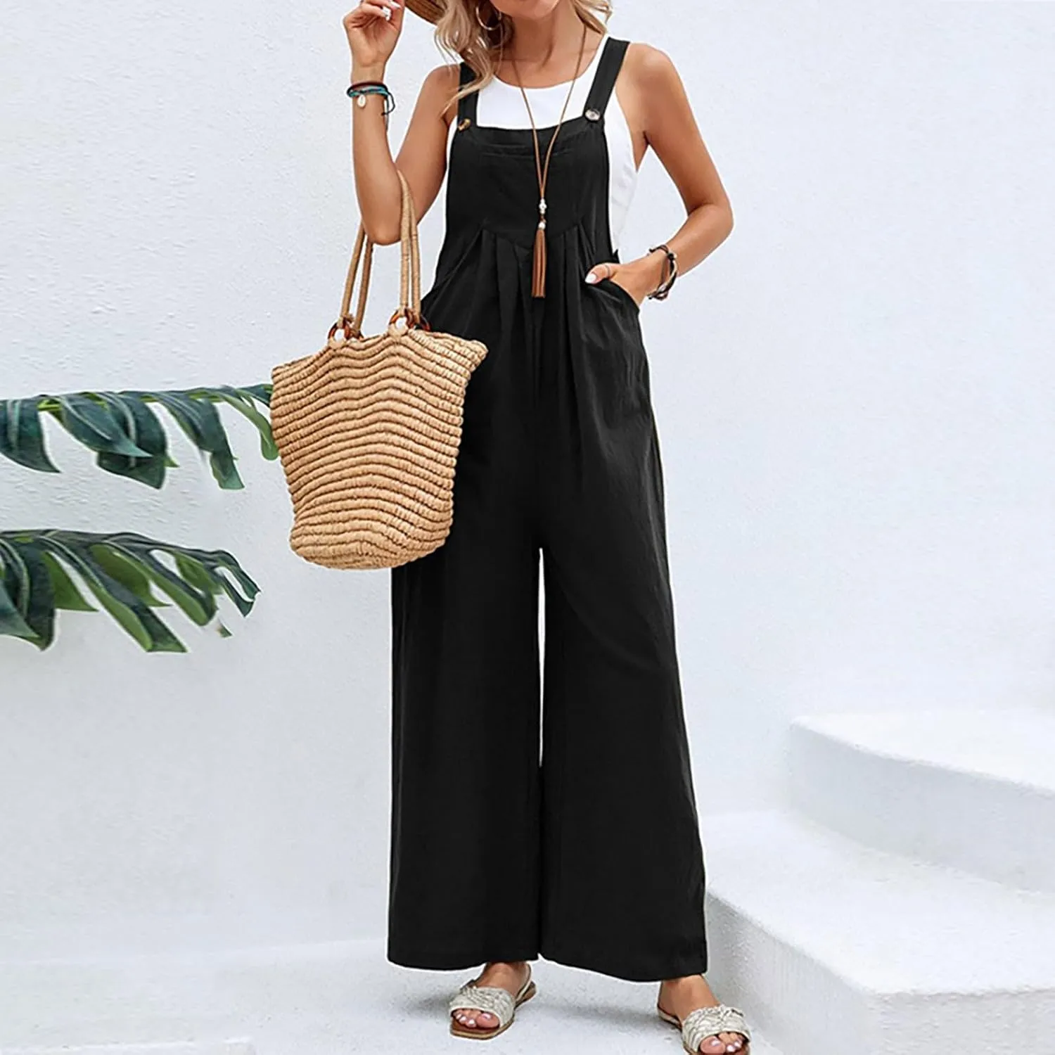 Linen Baggy Overalls for Women Adjustable Straps Wide Leg Jumpsuit Lightweight Stretchy Sleeveless Maternity Overalls