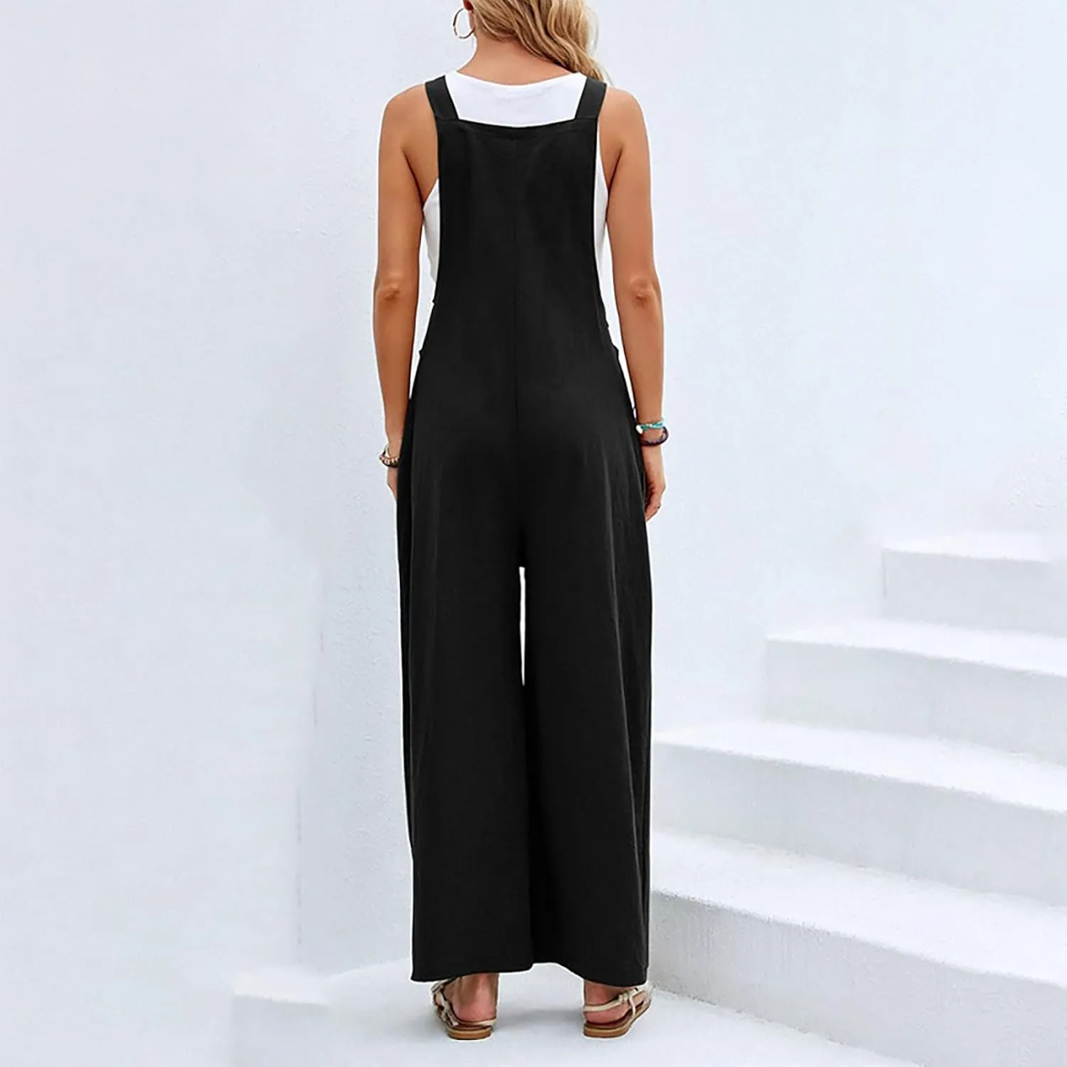Linen Baggy Overalls for Women Adjustable Straps Wide Leg Jumpsuit Lightweight Stretchy Sleeveless Maternity Overalls