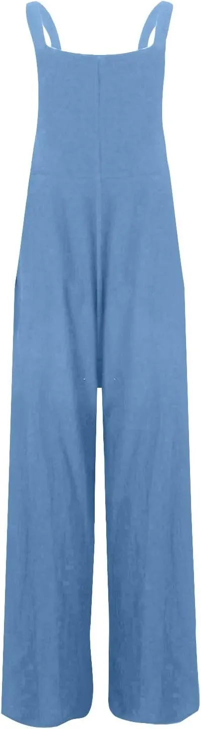 Linen Baggy Overalls for Women Adjustable Straps Wide Leg Jumpsuit Lightweight Stretchy Sleeveless Maternity Overalls