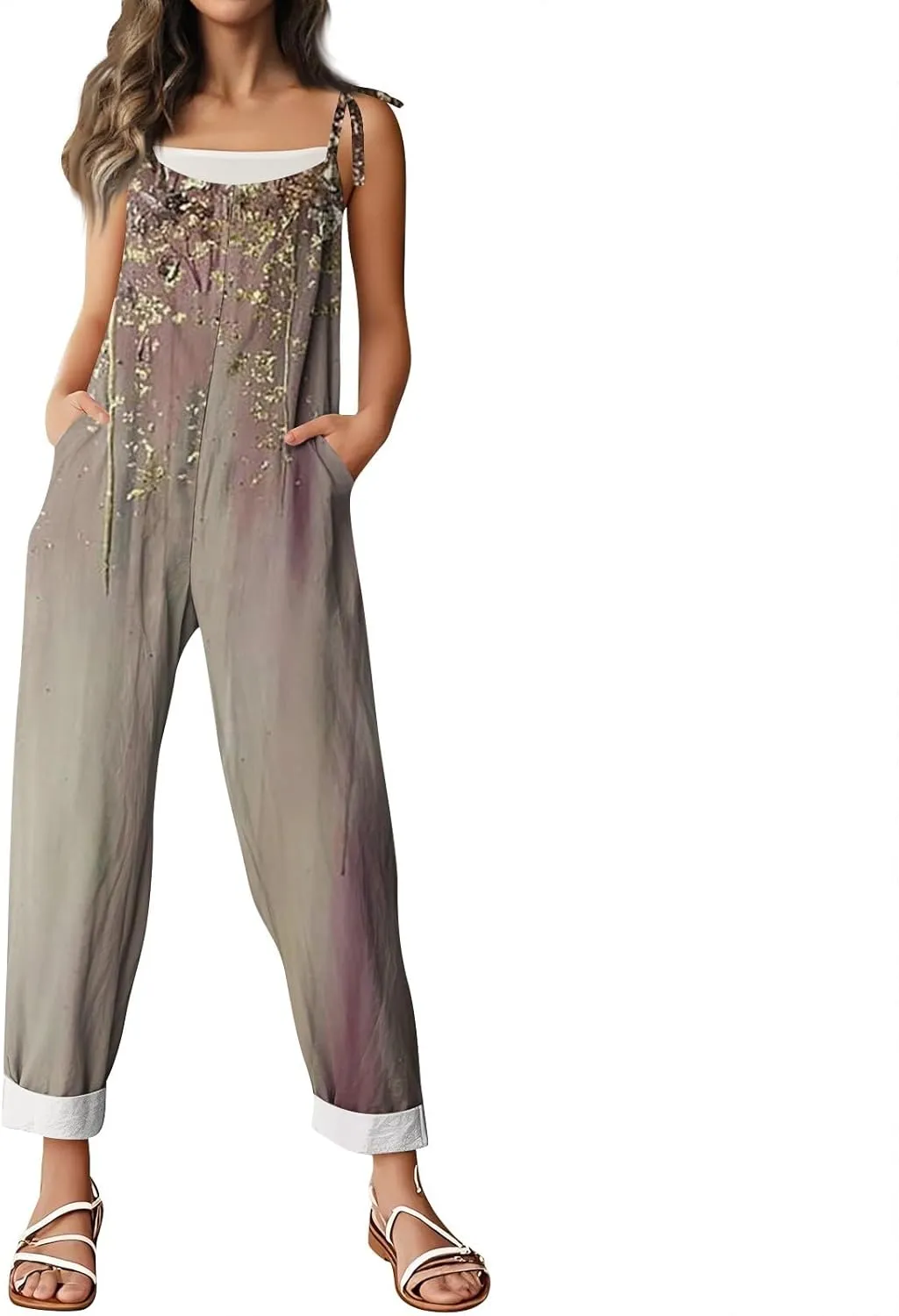 Linen Jumpsuits for Women 2025 Summer Wide Leg Jumpsuits Spaghetti Strap Boho Vintage Floral Printed Romper