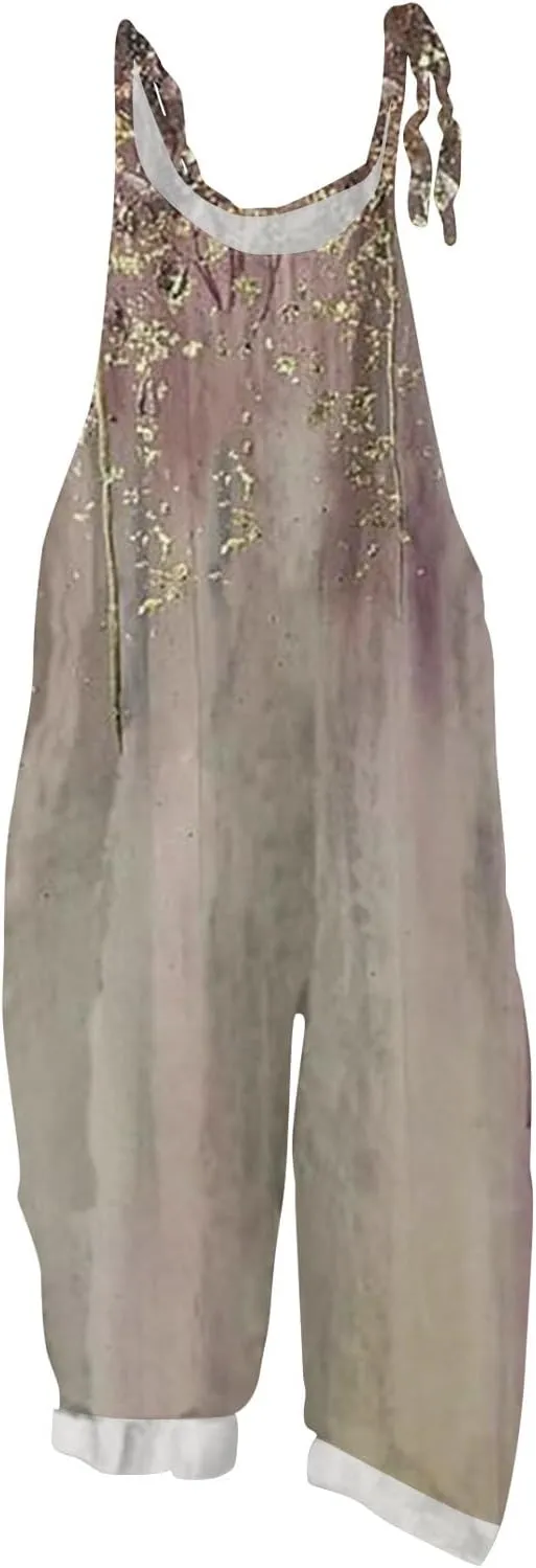 Linen Jumpsuits for Women 2025 Summer Wide Leg Jumpsuits Spaghetti Strap Boho Vintage Floral Printed Romper