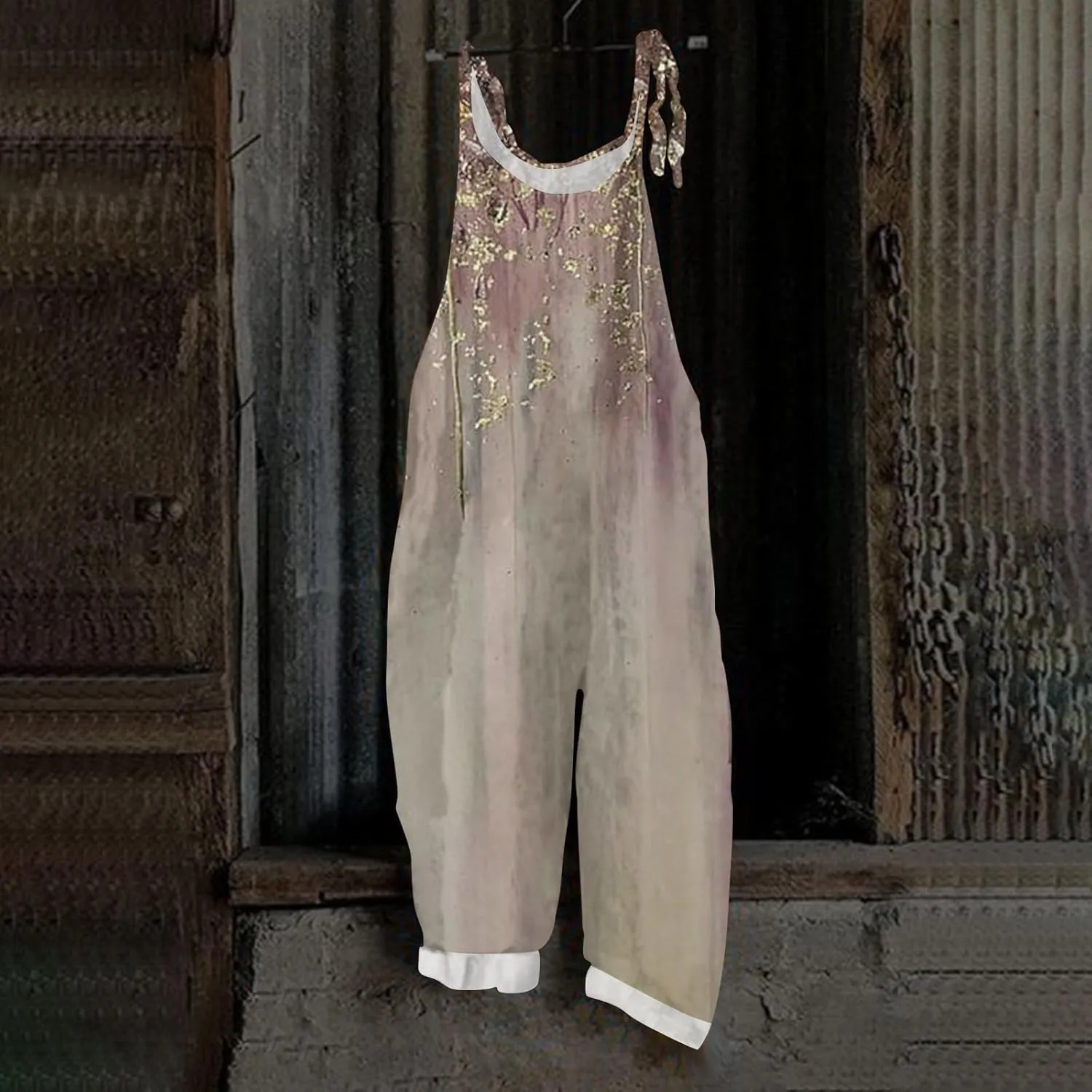 Linen Jumpsuits for Women 2025 Summer Wide Leg Jumpsuits Spaghetti Strap Boho Vintage Floral Printed Romper