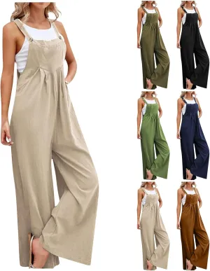 Linen Jumpsuits for Women Casual Summer One Piece Wide Leg Overalls Spaghetti Strap Beach Boho Rompers with Pockets
