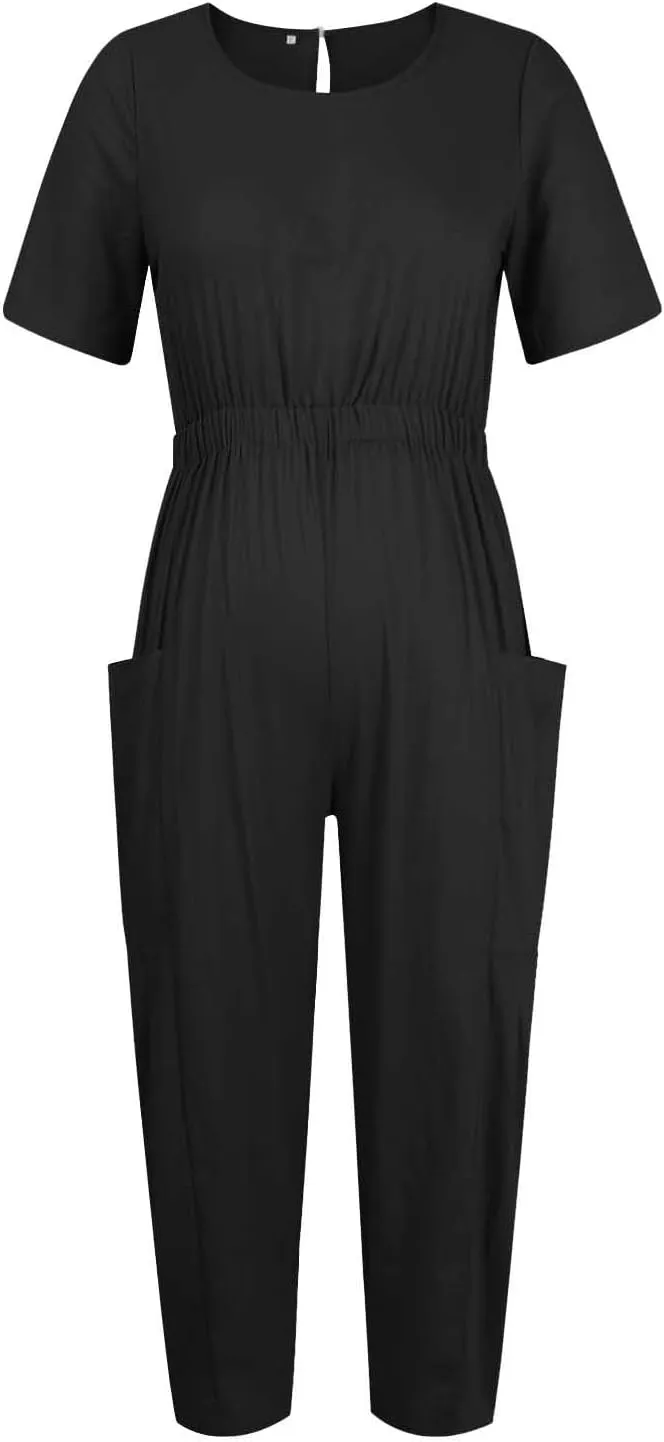 Linen Jumpsuits for Women Summer Casual Loose Short Sleeve Jumpsuit Elastic High Waisted Capris Rompers with Pockets