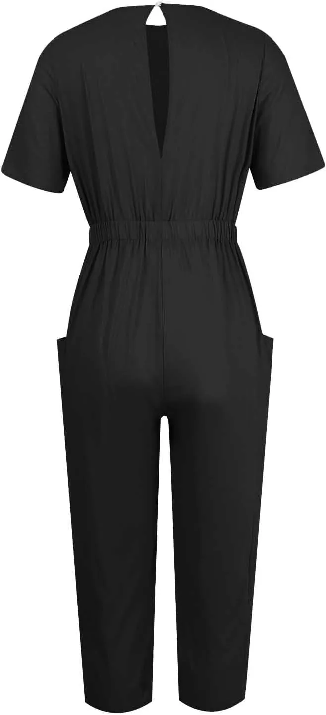 Linen Jumpsuits for Women Summer Casual Loose Short Sleeve Jumpsuit Elastic High Waisted Capris Rompers with Pockets