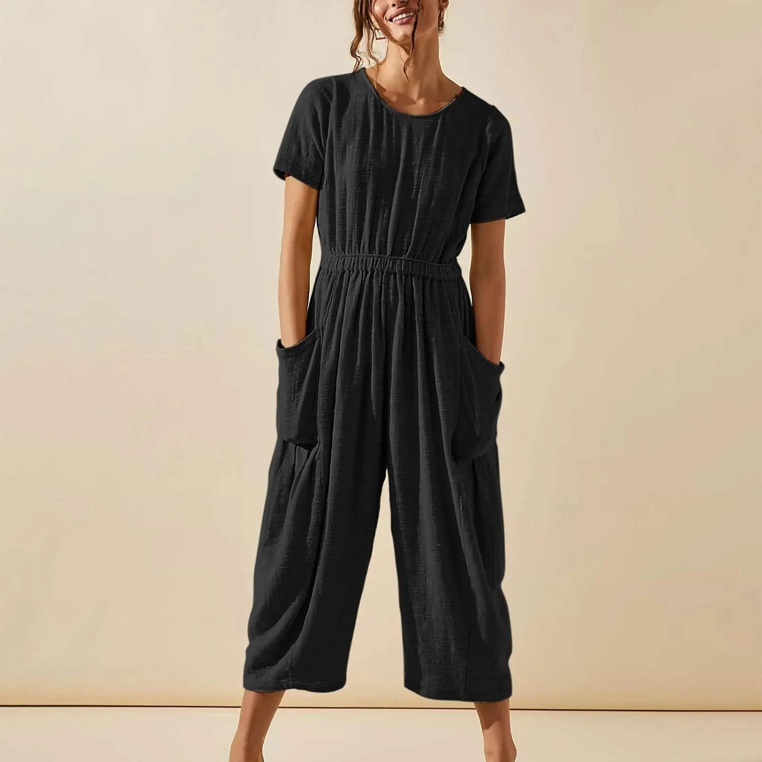 Linen Jumpsuits for Women Summer Casual Loose Short Sleeve Jumpsuit Elastic High Waisted Capris Rompers with Pockets