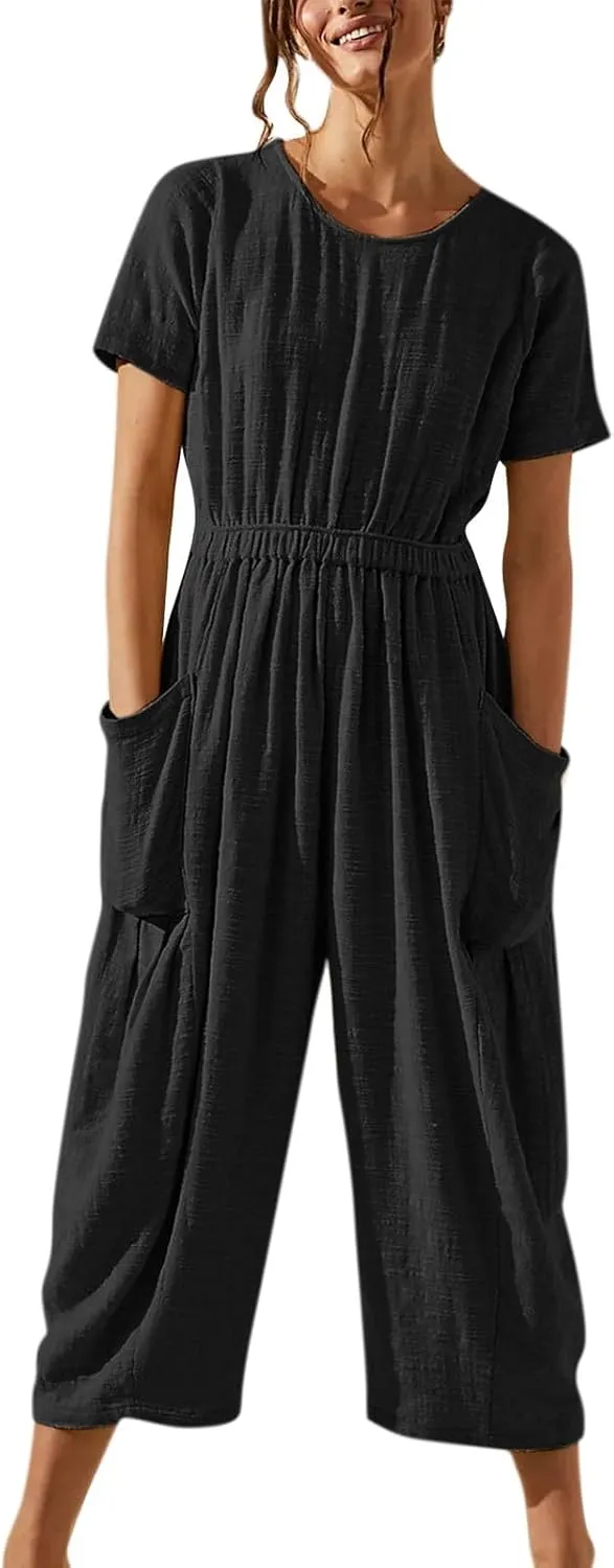 Linen Jumpsuits for Women Summer Casual Loose Short Sleeve Jumpsuit Elastic High Waisted Capris Rompers with Pockets