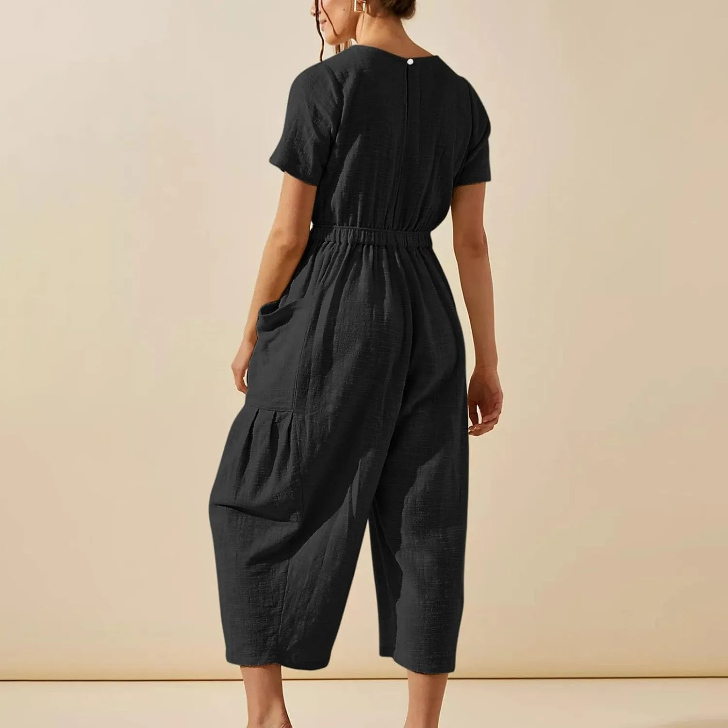 Linen Jumpsuits for Women Summer Casual Loose Short Sleeve Jumpsuit Elastic High Waisted Capris Rompers with Pockets