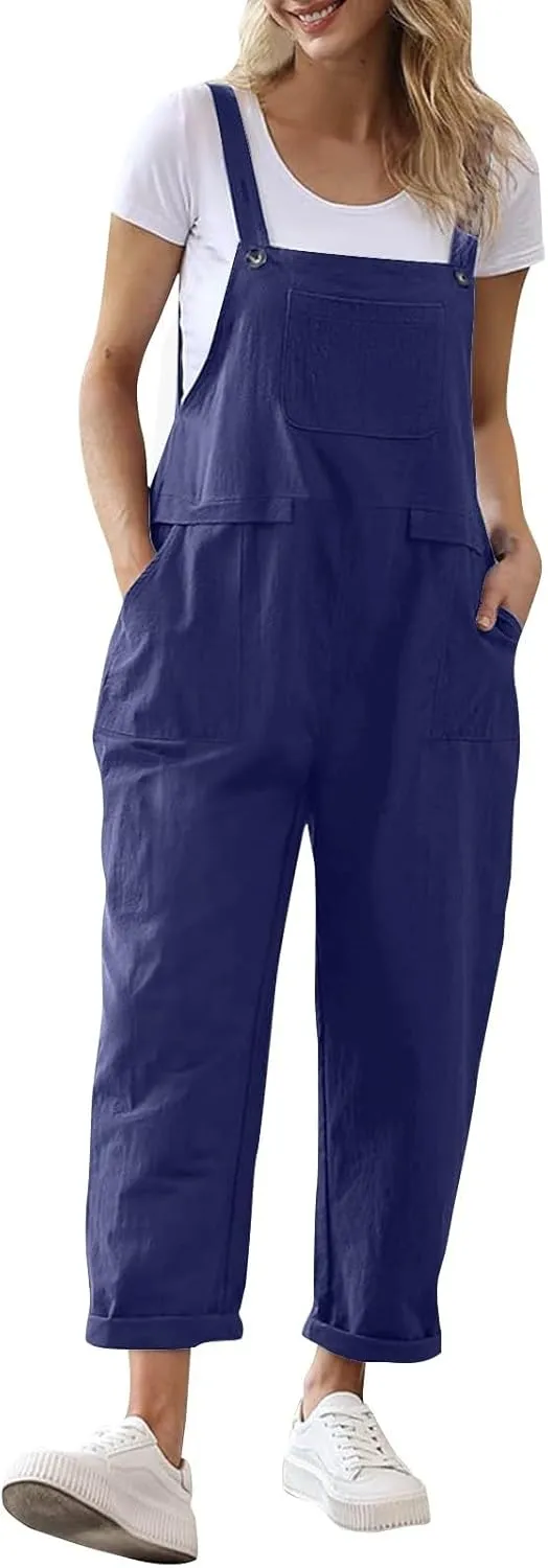 Linen Overalls for Women Cropped Bib Overalls Sleeveless One Piece Jumpsuits Button Straps Summer Jumpers with Pockets