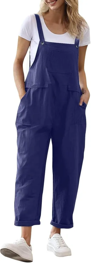 Linen Overalls for Women Cropped Bib Overalls Sleeveless One Piece Jumpsuits Button Straps Summer Jumpers with Pockets