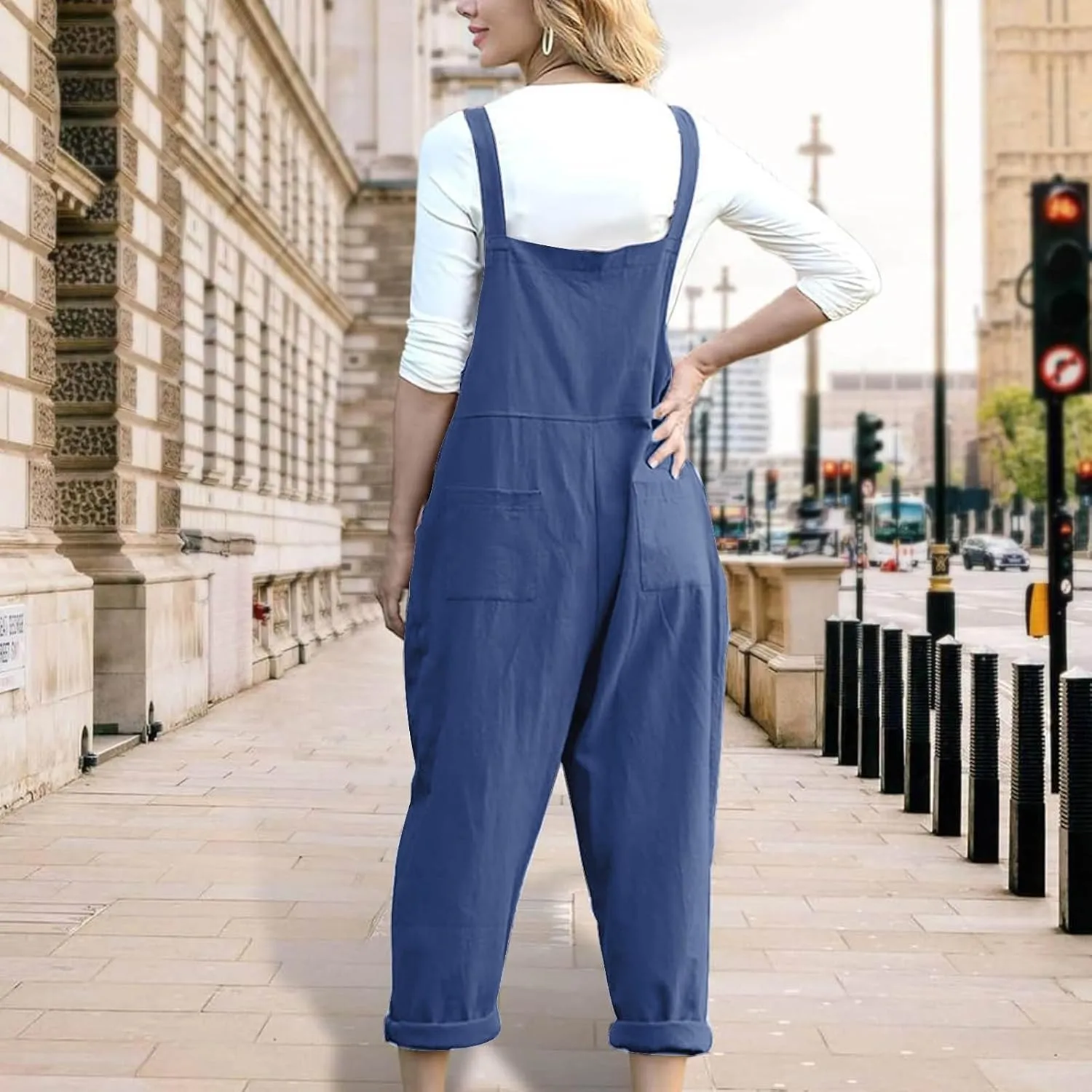 Linen Overalls for Women Cropped Bib Overalls Sleeveless One Piece Jumpsuits Button Straps Summer Jumpers with Pockets