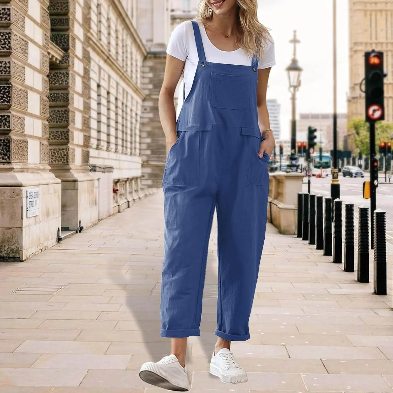 Linen Overalls for Women Cropped Bib Overalls Sleeveless One Piece Jumpsuits Button Straps Summer Jumpers with Pockets