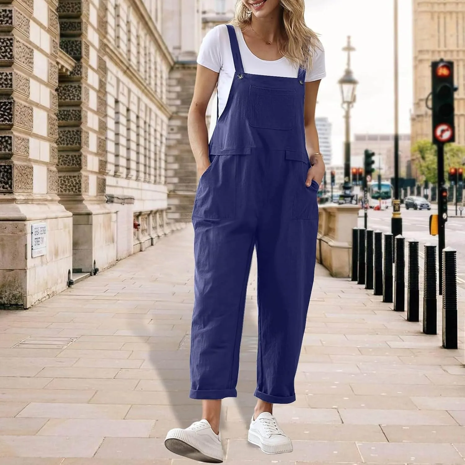 Linen Overalls for Women Cropped Bib Overalls Sleeveless One Piece Jumpsuits Button Straps Summer Jumpers with Pockets