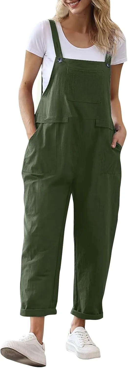 Linen Overalls for Women Cropped Bib Overalls Sleeveless One Piece Jumpsuits Button Straps Summer Jumpers with Pockets